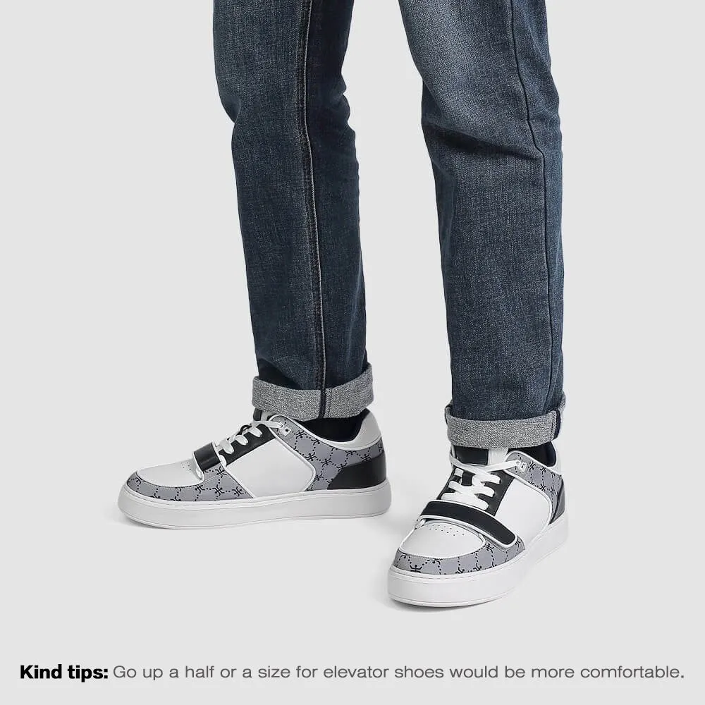 6 CM/2.36 Inches CMR CHAMARIPA Casual Elevator Shoes for Men - White Leather & Grey Printed Cloth