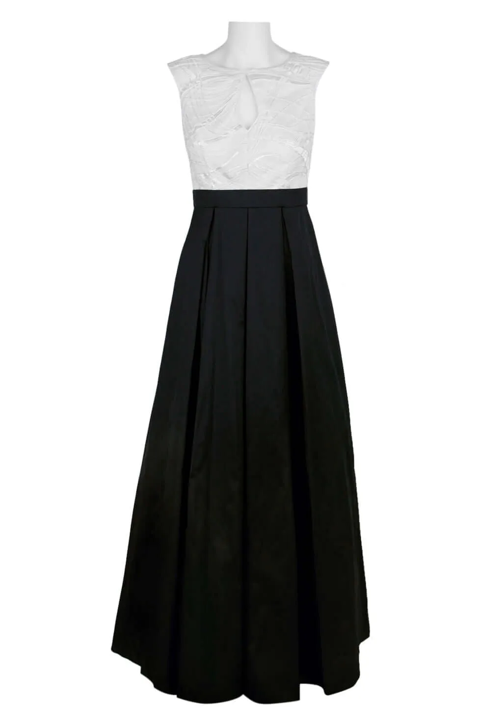 Aidan Mattox Crew Neck Keyhole Sleeveless Pleated Embroidered Mesh Taffeta Gown