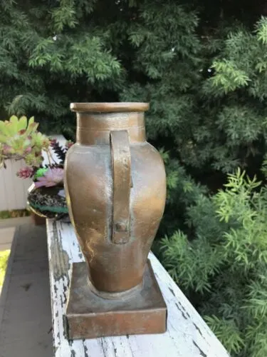 Antique Solid Copper Floral Etched Vase Welded w Handles Signed Iran Persia