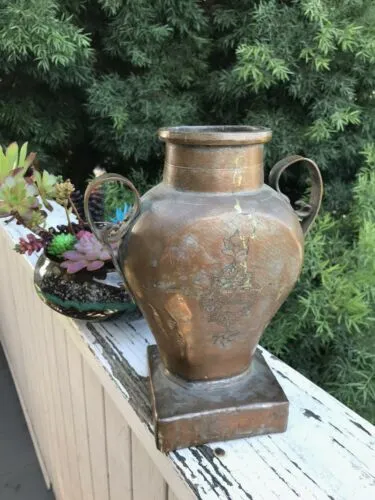 Antique Solid Copper Floral Etched Vase Welded w Handles Signed Iran Persia