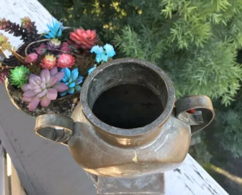 Antique Solid Copper Floral Etched Vase Welded w Handles Signed Iran Persia