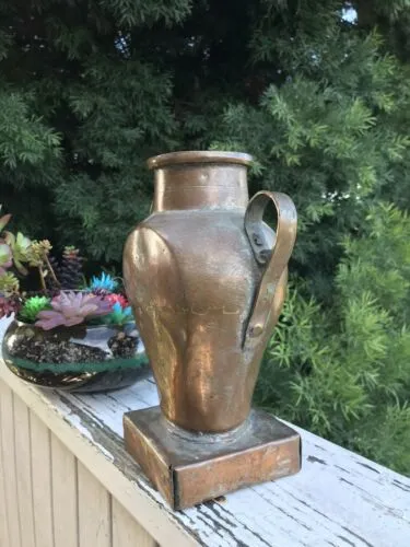 Antique Solid Copper Floral Etched Vase Welded w Handles Signed Iran Persia