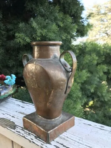 Antique Solid Copper Floral Etched Vase Welded w Handles Signed Iran Persia