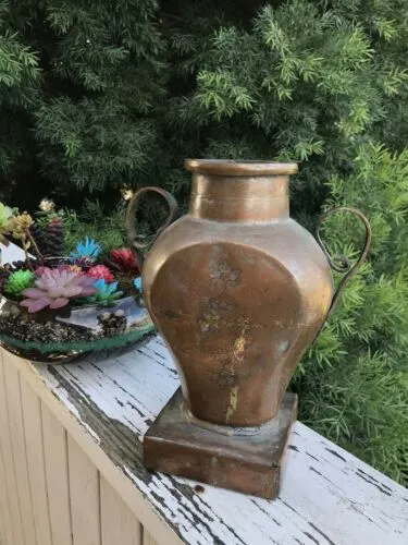 Antique Solid Copper Floral Etched Vase Welded w Handles Signed Iran Persia