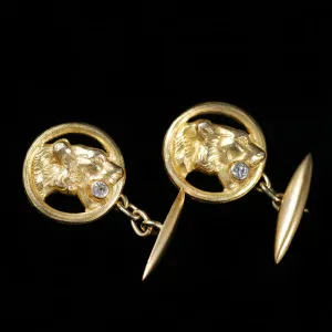 Art Nouveau 18K Yellow Gold 0.15 Carat Diamond Lion Cufflinks