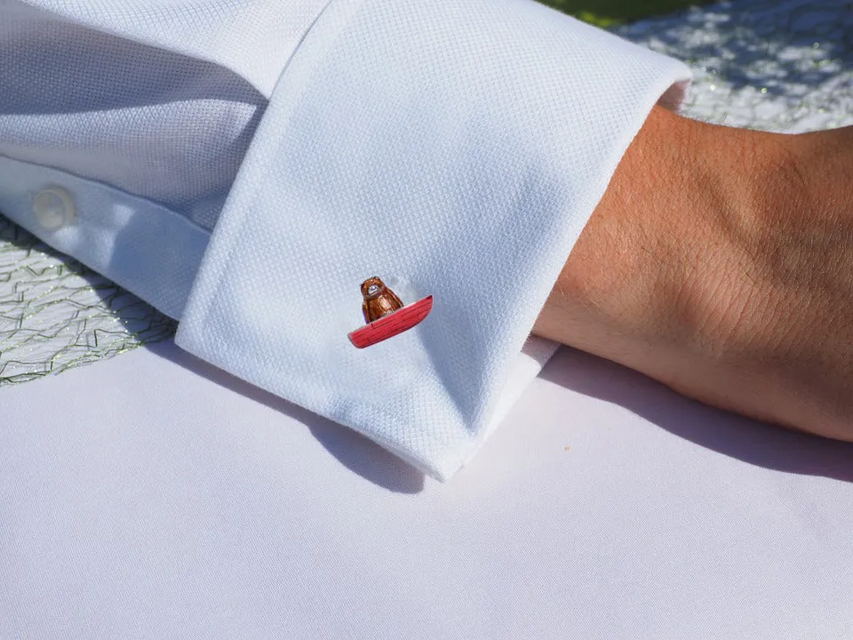 Bear-in-a-Canoe Silver Cufflinks