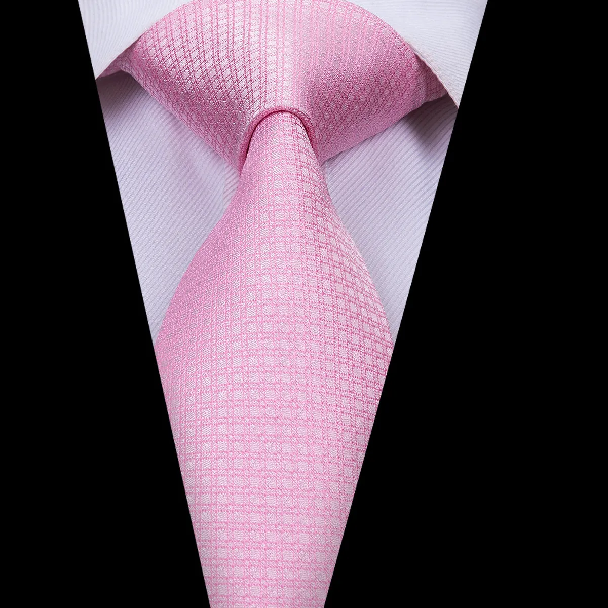 Beautiful Pink Plaid Tie Pocket Square Cufflinks Set
