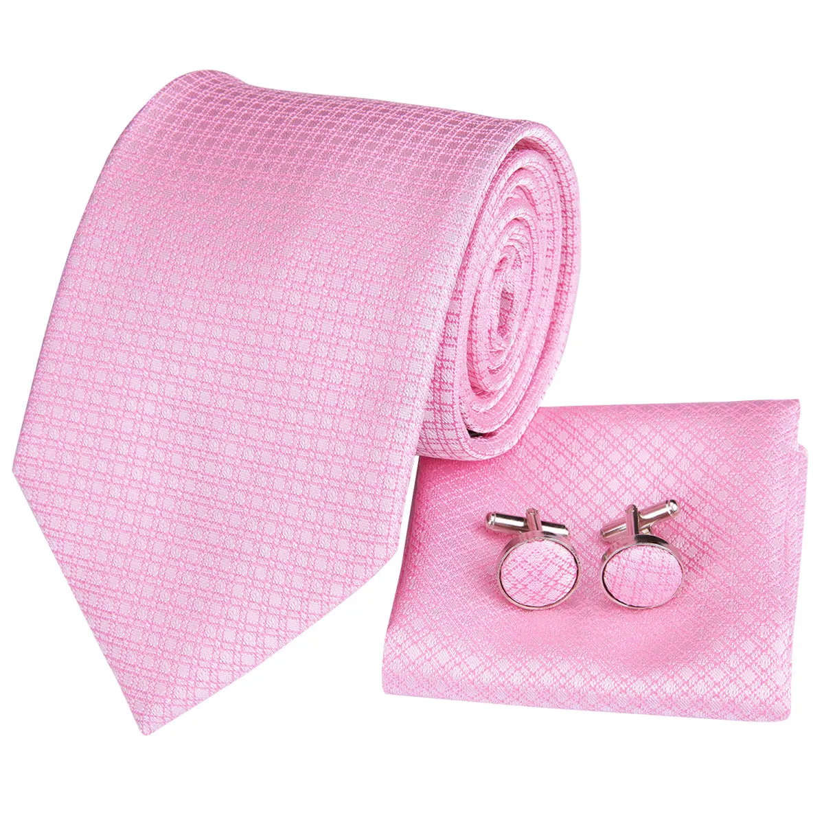 Beautiful Pink Plaid Tie Pocket Square Cufflinks Set