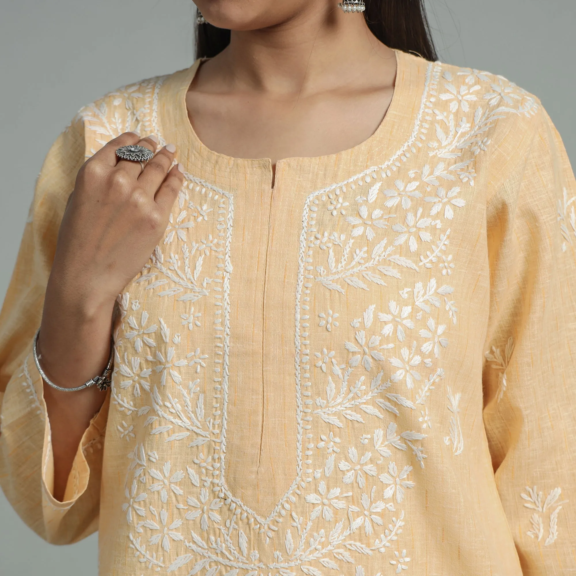 Beige Chikankari Hand Embroidered Cotton Long Kurta