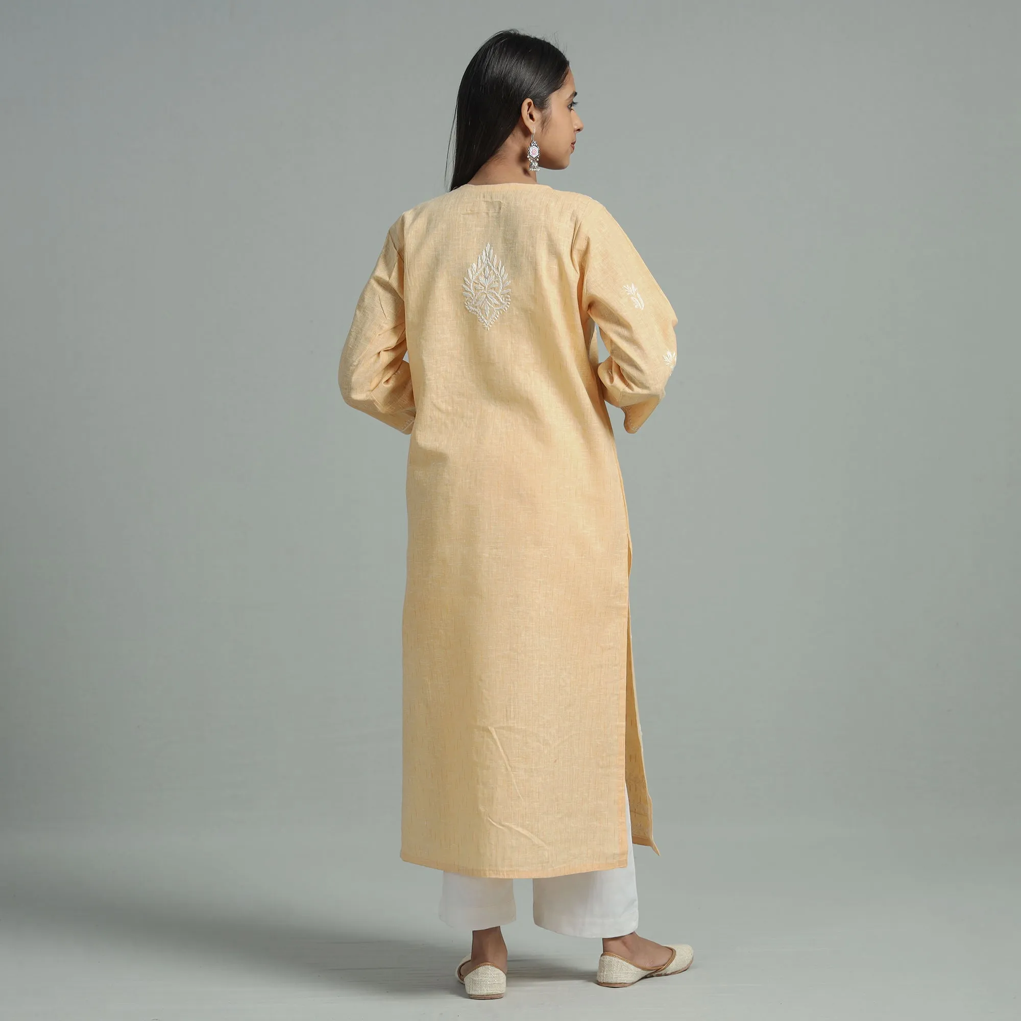 Beige Chikankari Hand Embroidered Cotton Long Kurta