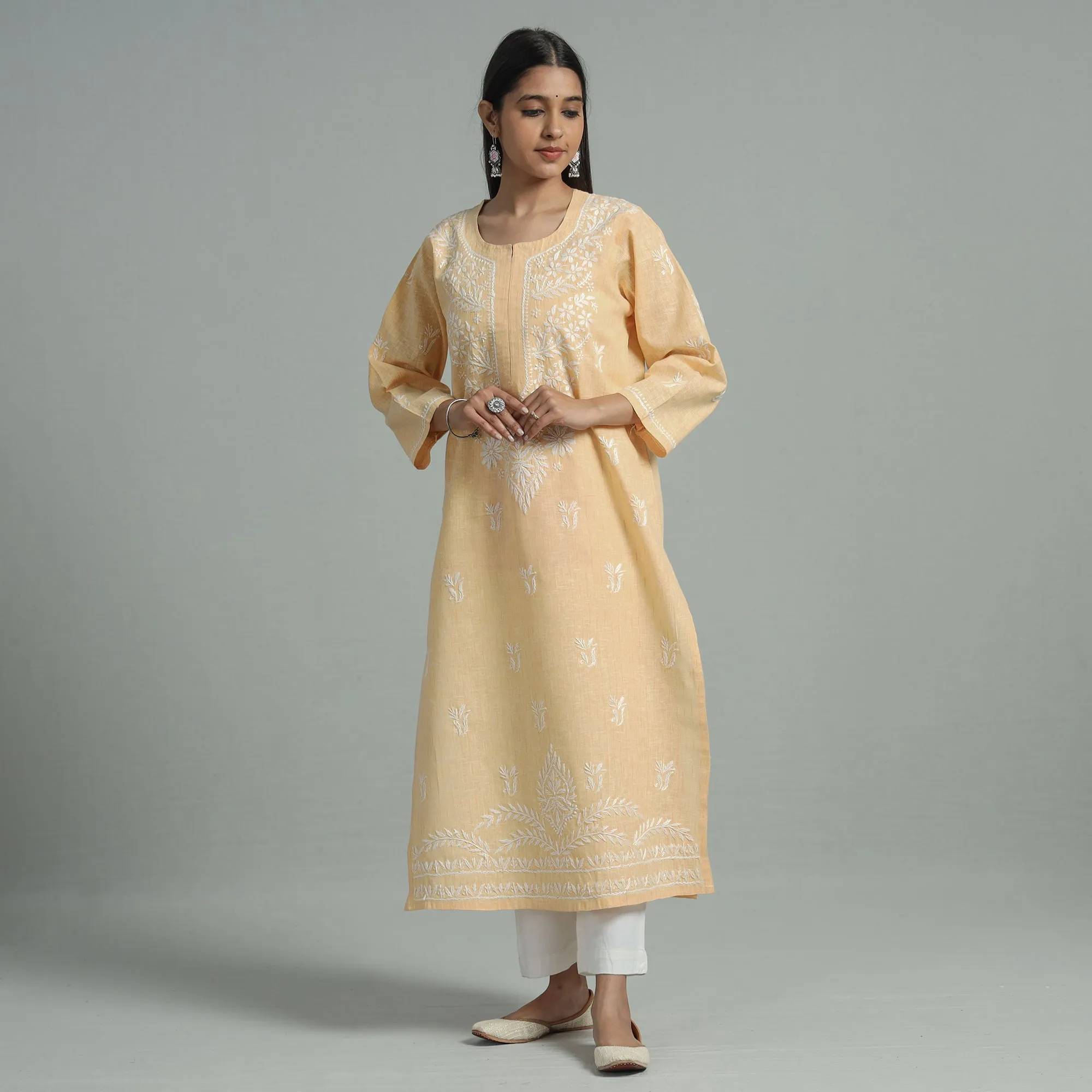 Beige Chikankari Hand Embroidered Cotton Long Kurta