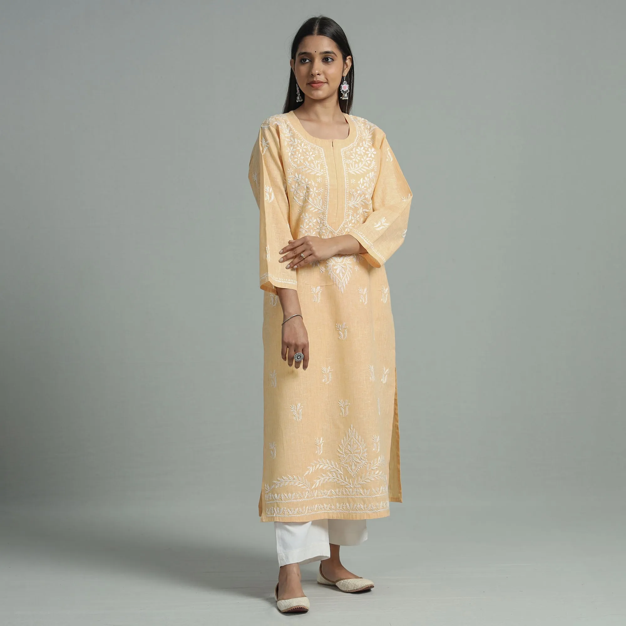 Beige Chikankari Hand Embroidered Cotton Long Kurta