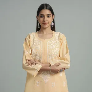 Beige Chikankari Hand Embroidered Cotton Long Kurta
