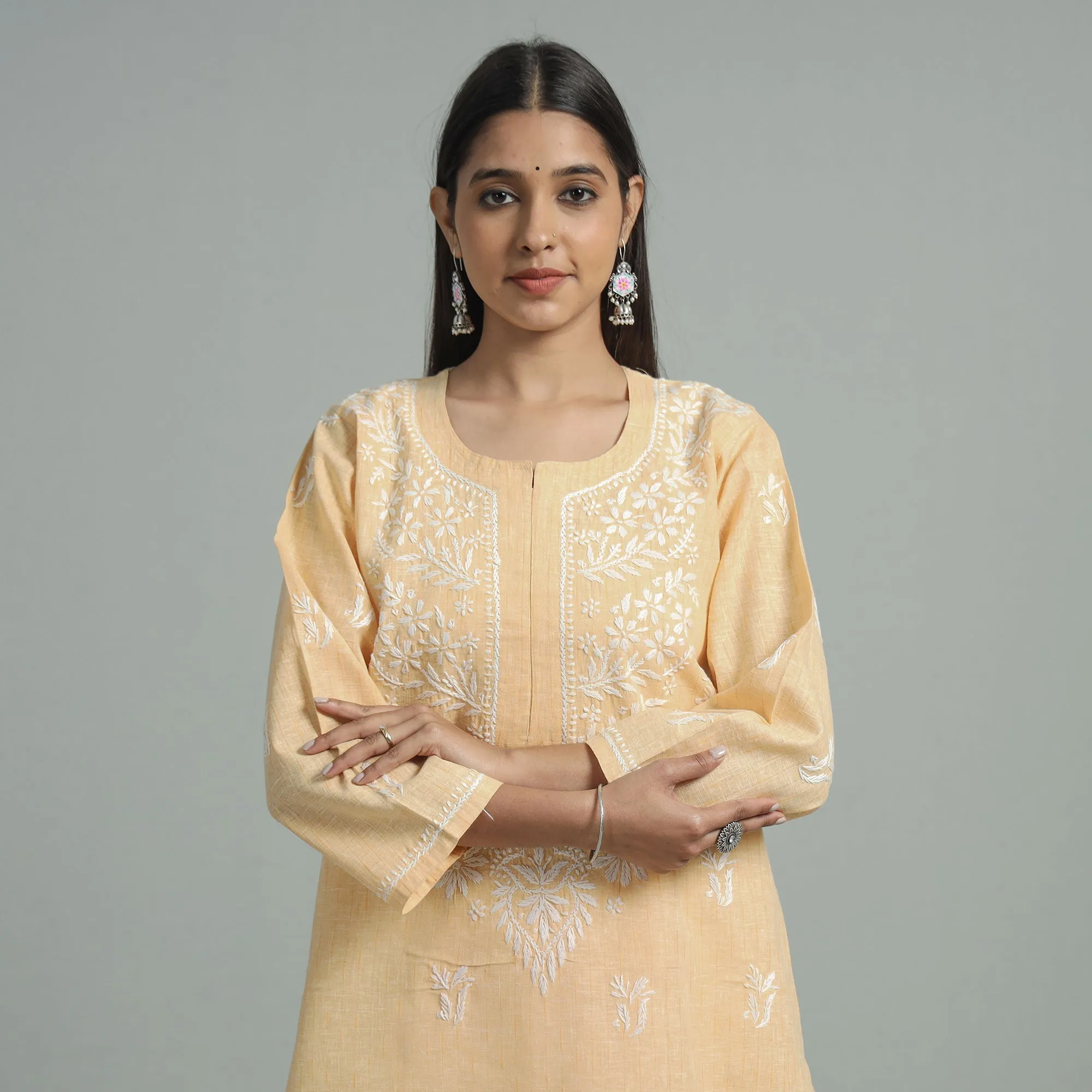 Beige Chikankari Hand Embroidered Cotton Long Kurta