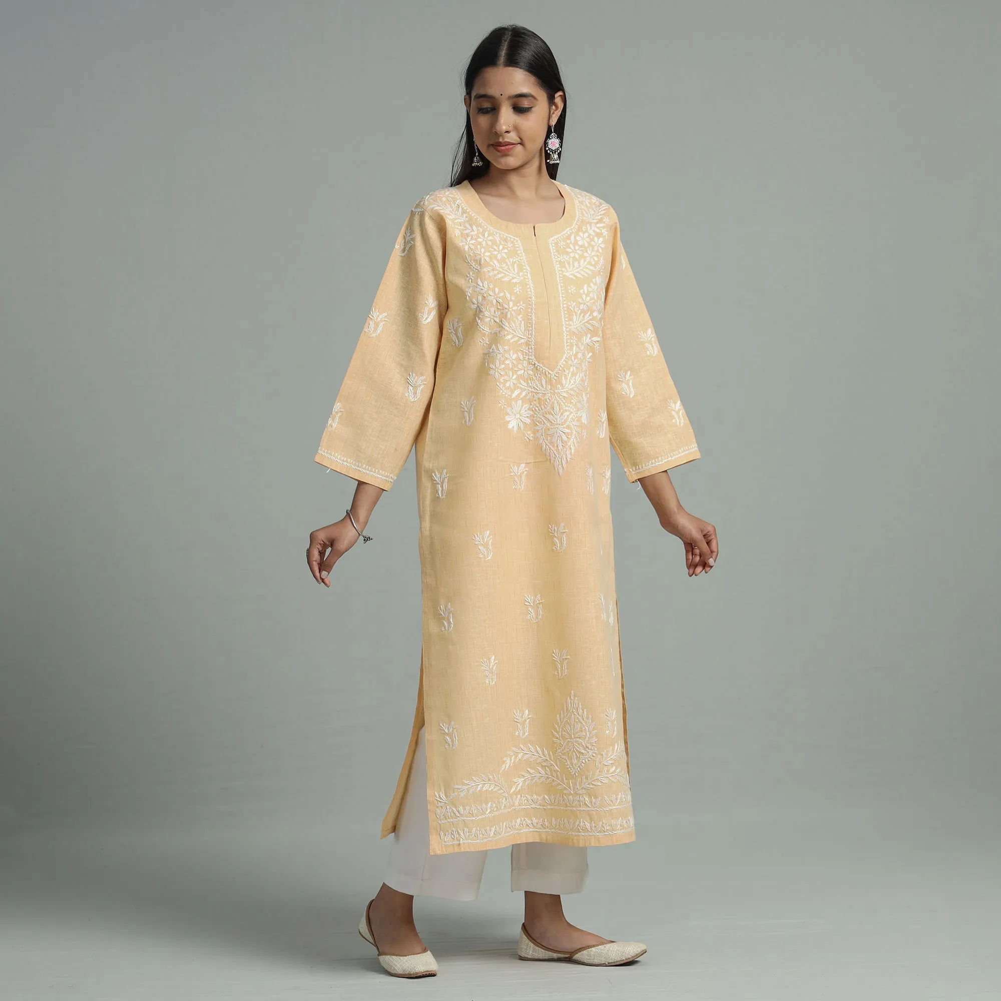 Beige Chikankari Hand Embroidered Cotton Long Kurta