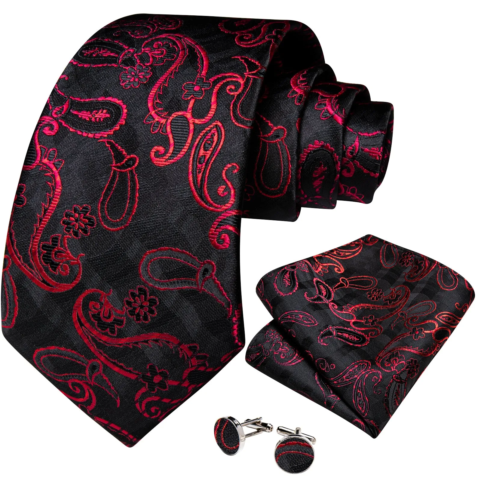 Black Red Paisley Men's Necktie Hanky Cufflinks Set