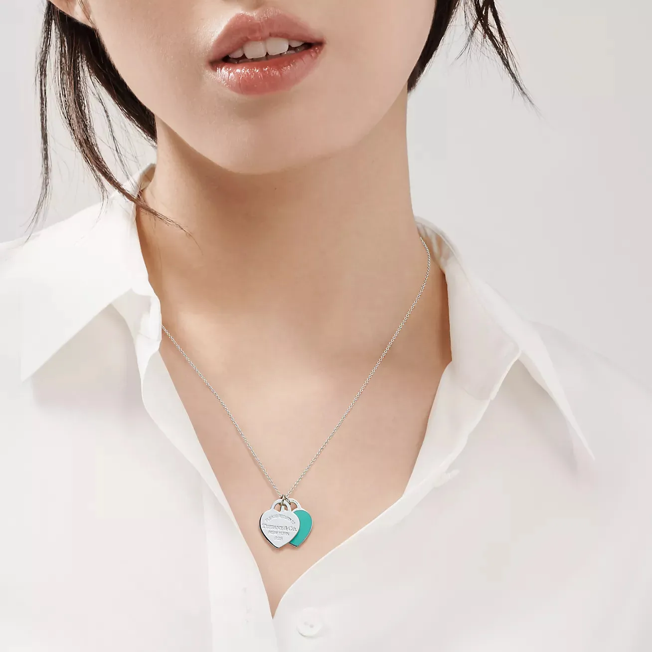 Blue Double Heart Tag Pendant Necklace 45CM, in Silver, Small