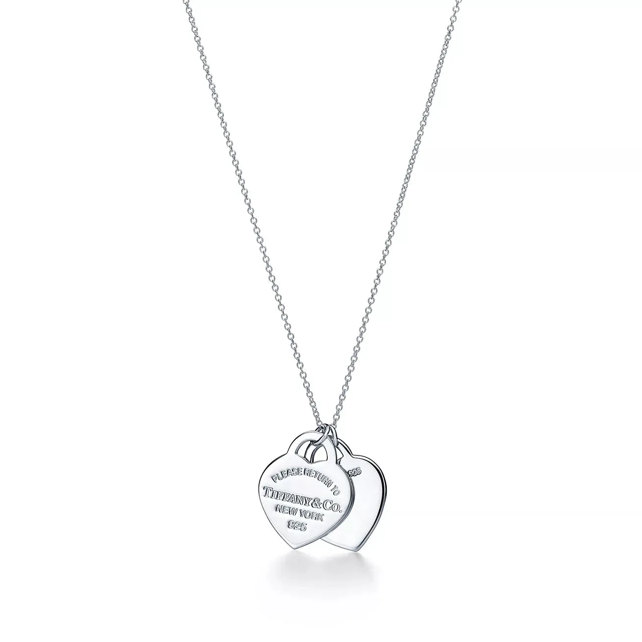 Blue Double Heart Tag Pendant Necklace 45CM, in Silver, Small
