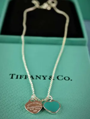 Blue Double Heart Tag Pendant Necklace 45CM, in Silver, Small