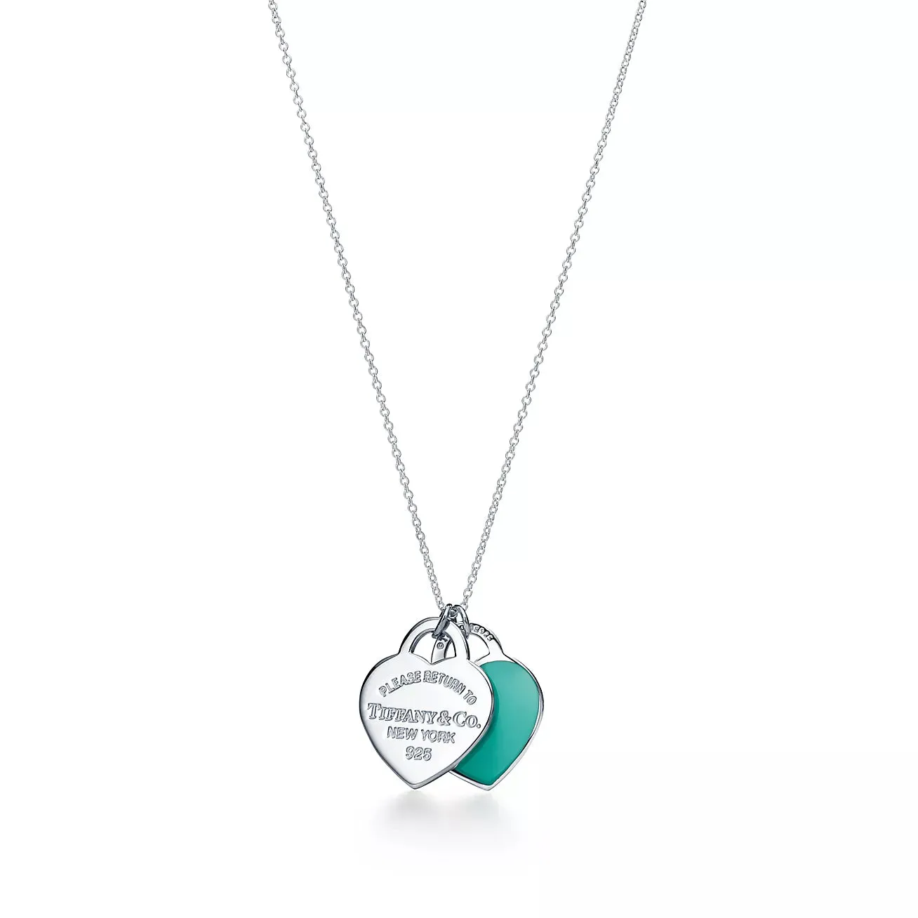 Blue Double Heart Tag Pendant Necklace 45CM, in Silver, Small