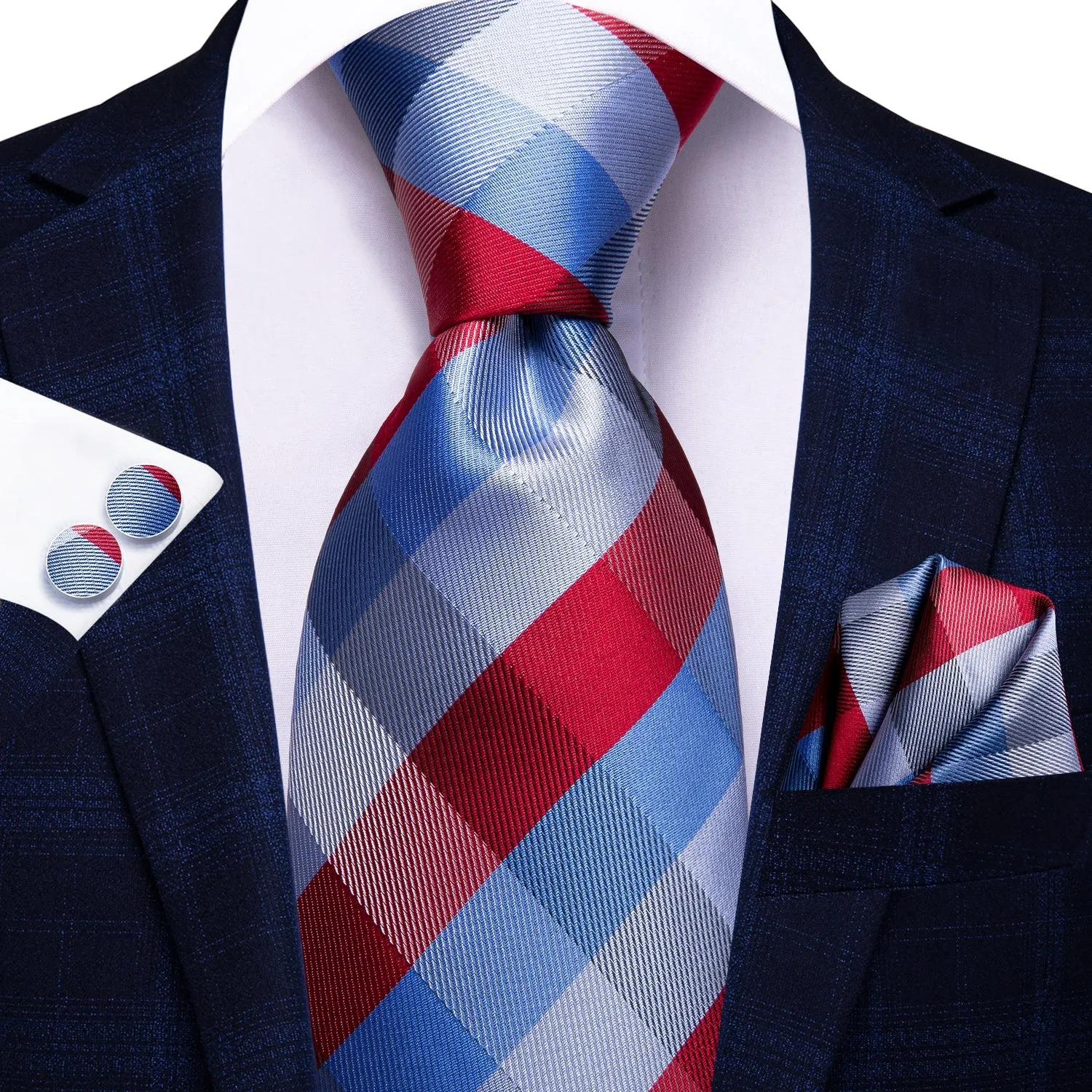 Blue Red Plaid Tie Pocket Square Cufflinks Set