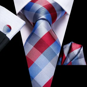 Blue Red Plaid Tie Pocket Square Cufflinks Set