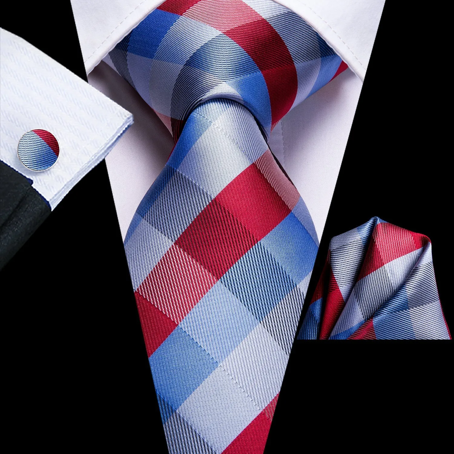 Blue Red Plaid Tie Pocket Square Cufflinks Set
