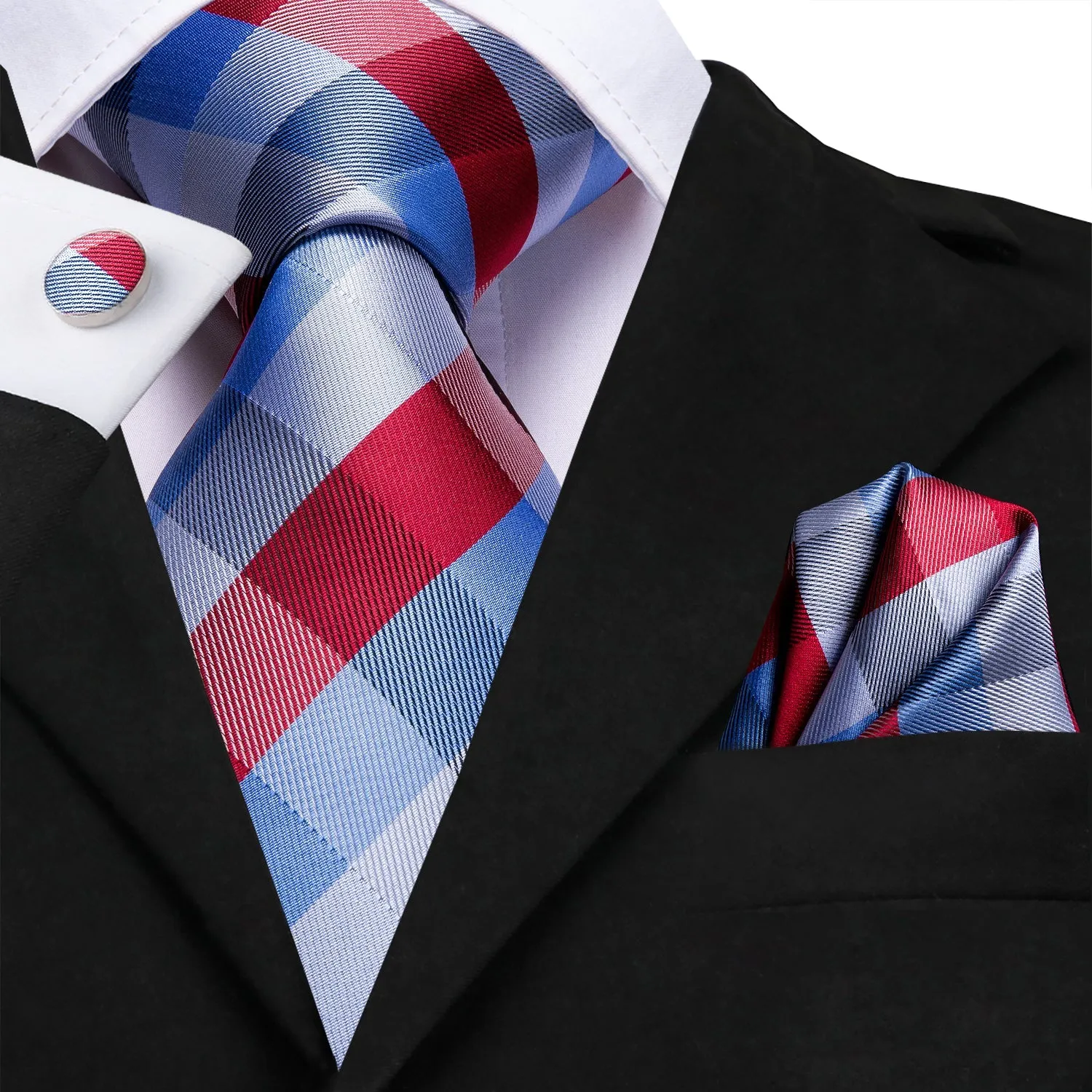 Blue Red Plaid Tie Pocket Square Cufflinks Set