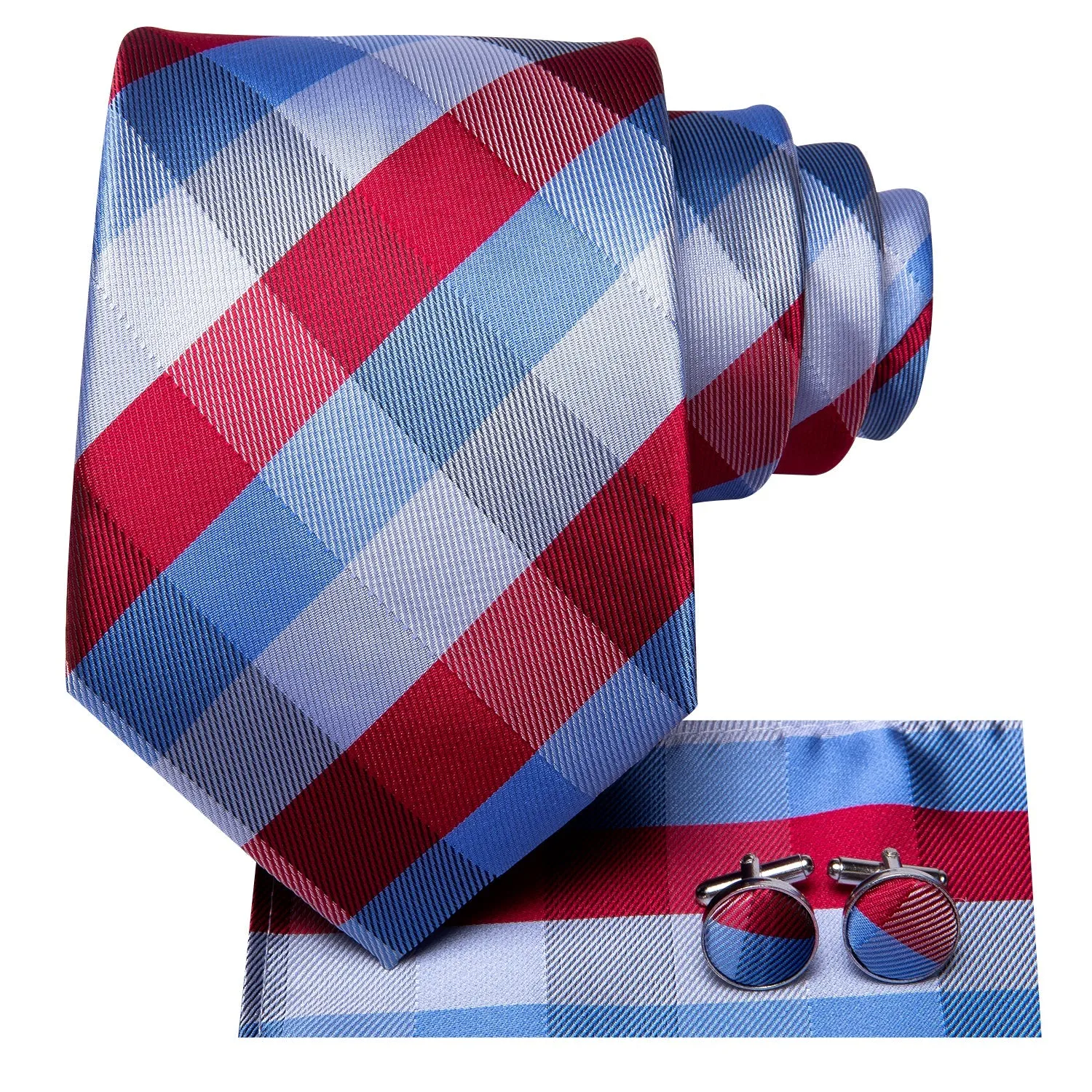 Blue Red Plaid Tie Pocket Square Cufflinks Set