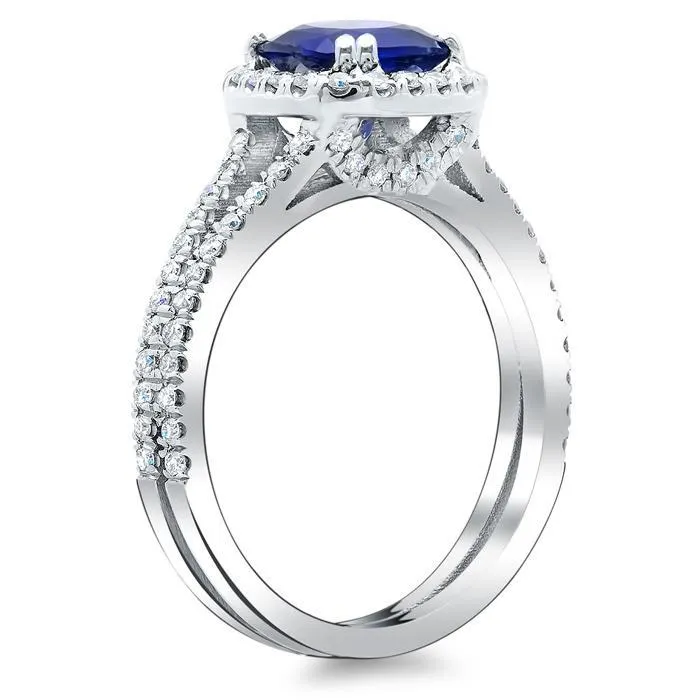 Blue Sapphire Cushion Double Shank Halo Engagement Ring