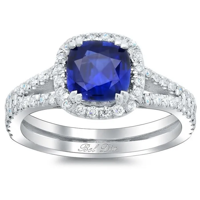 Blue Sapphire Cushion Double Shank Halo Engagement Ring