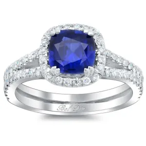 Blue Sapphire Cushion Double Shank Halo Engagement Ring
