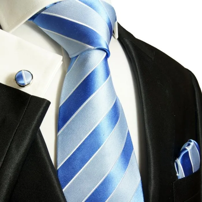 Blue Striped Silk Necktie Set by Paul Malone