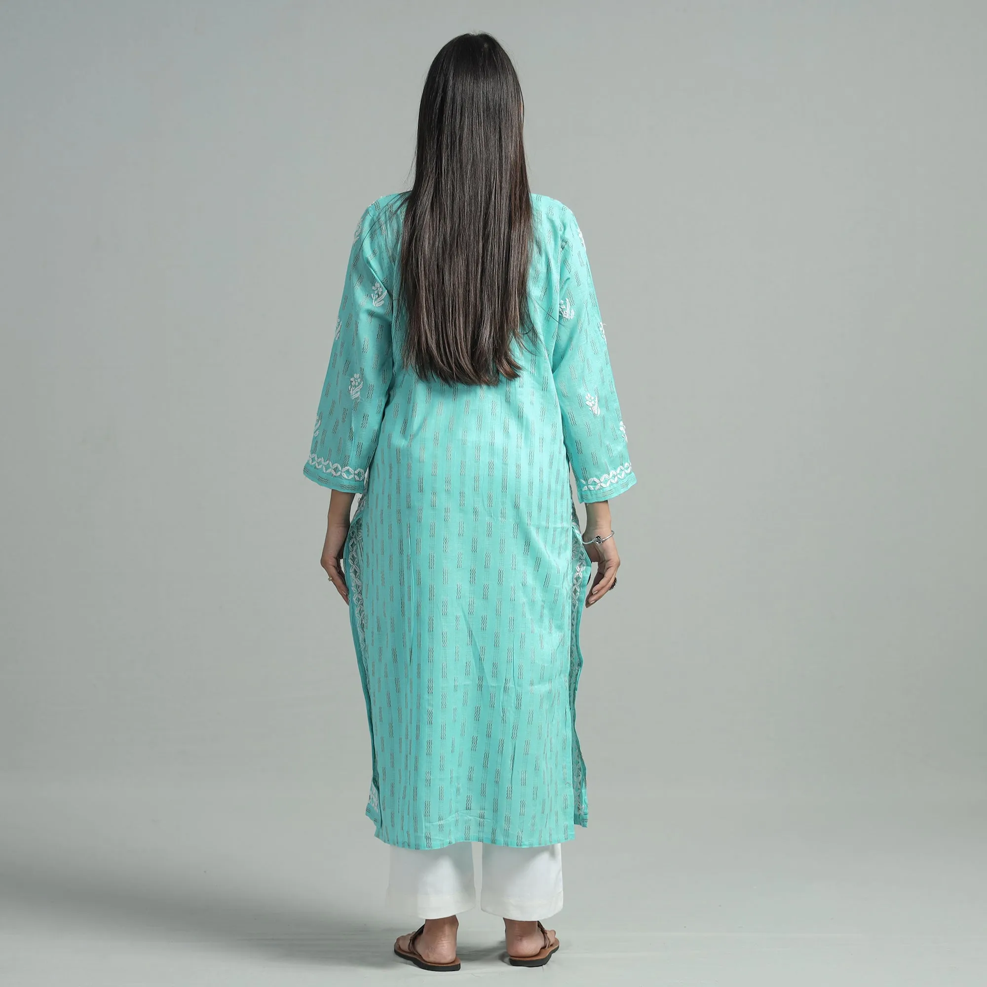 Blue - Turquoise Chikankari Hand Embroidered Cotton Long Kurta
