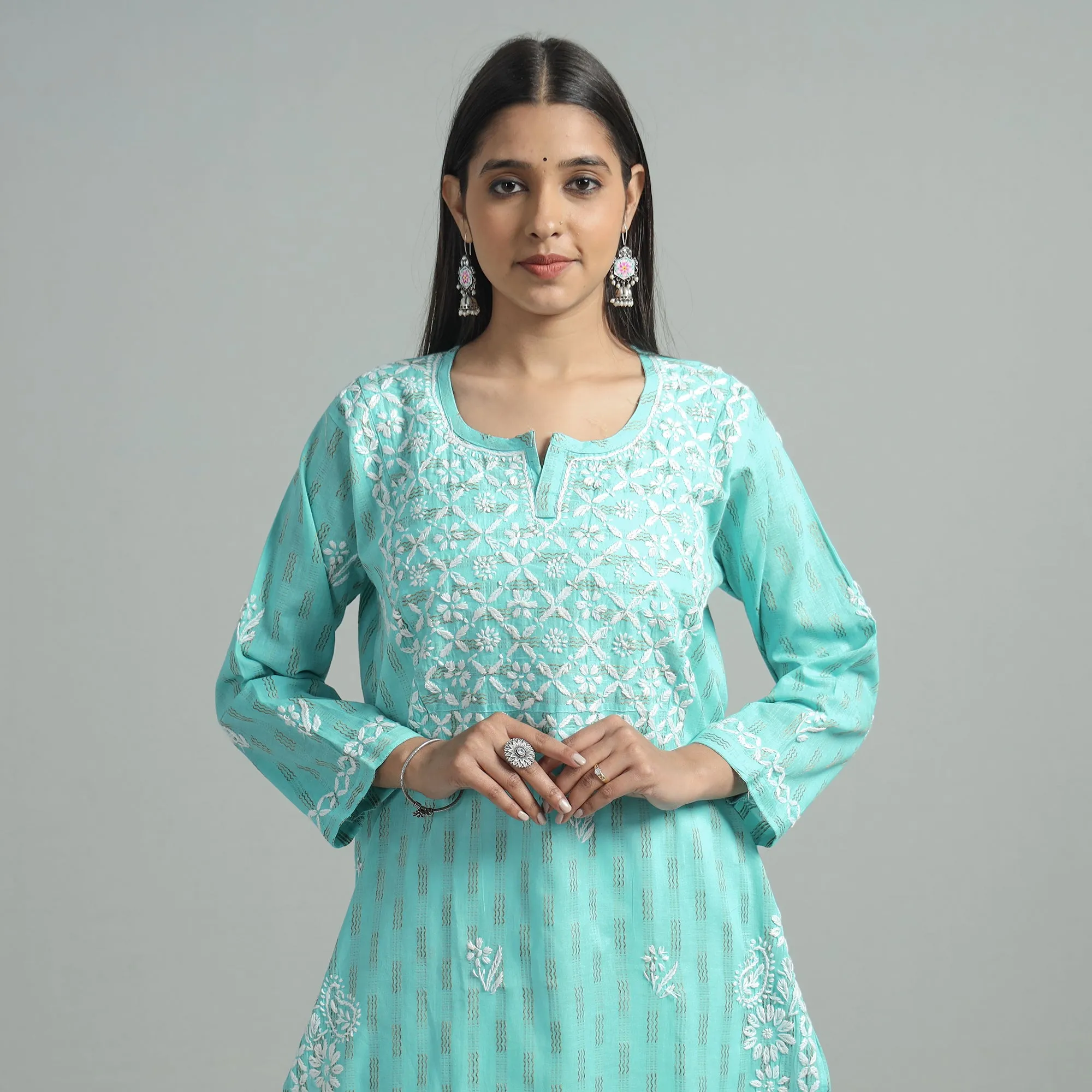 Blue - Turquoise Chikankari Hand Embroidered Cotton Long Kurta
