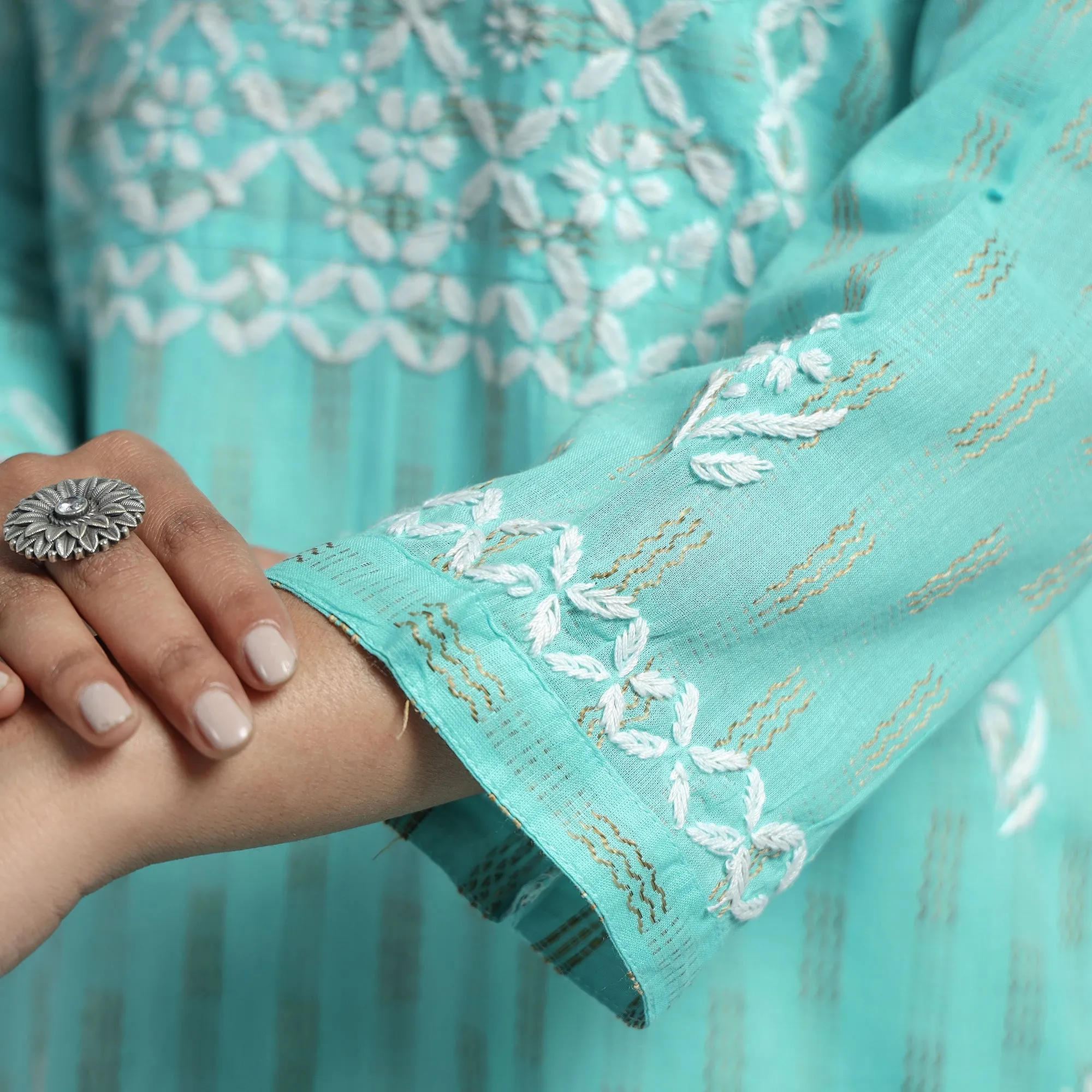Blue - Turquoise Chikankari Hand Embroidered Cotton Long Kurta