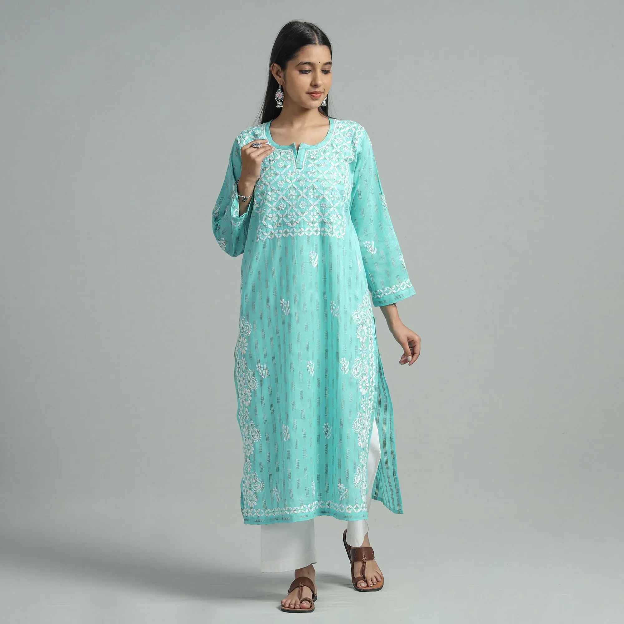 Blue - Turquoise Chikankari Hand Embroidered Cotton Long Kurta