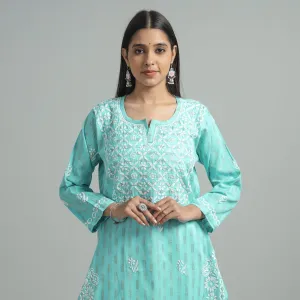Blue - Turquoise Chikankari Hand Embroidered Cotton Long Kurta