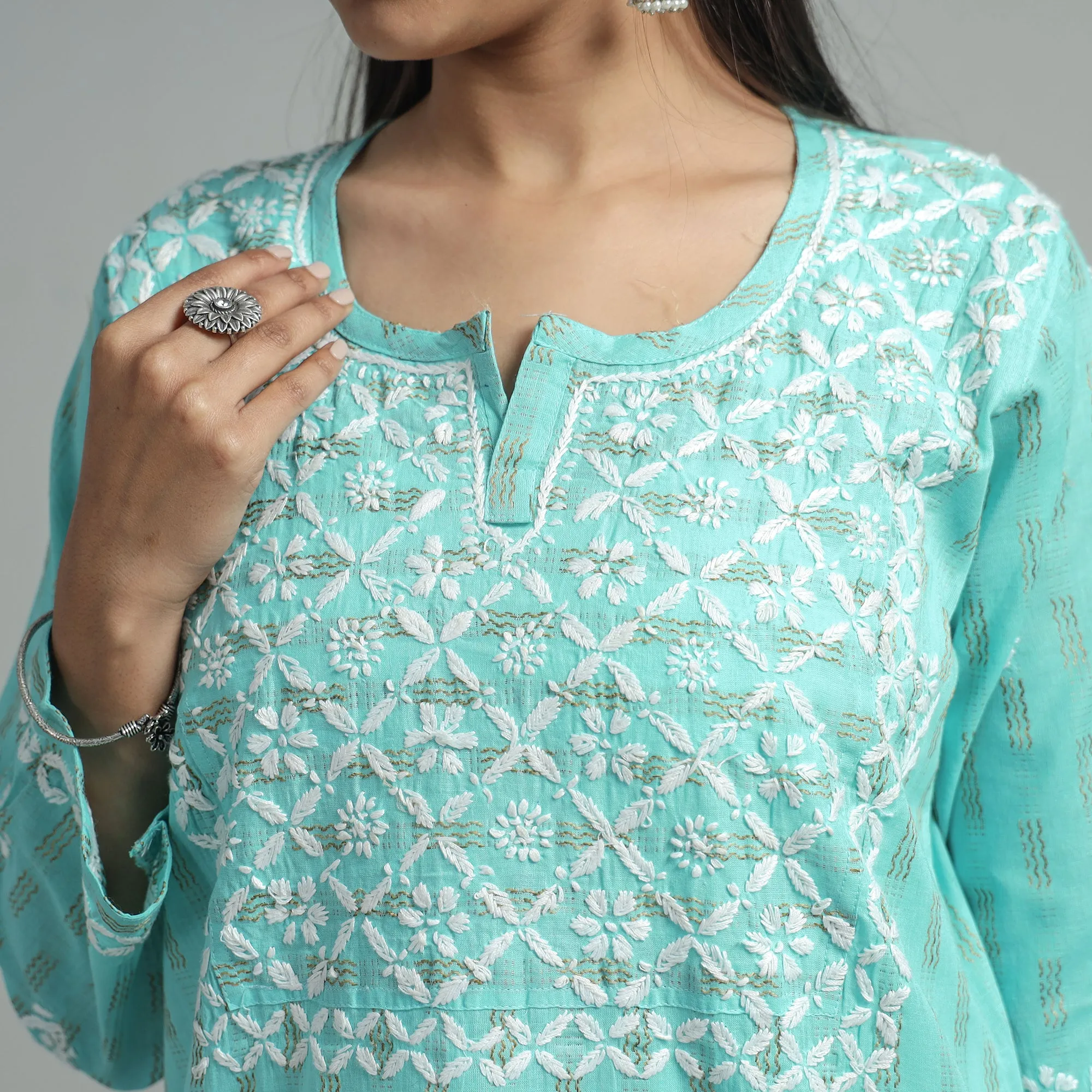 Blue - Turquoise Chikankari Hand Embroidered Cotton Long Kurta