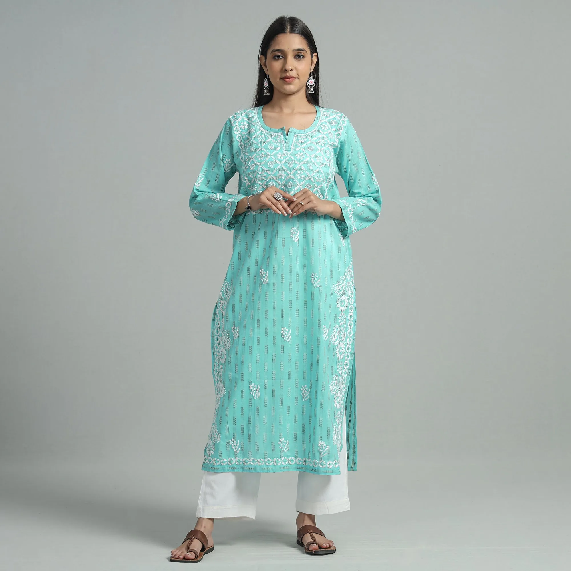 Blue - Turquoise Chikankari Hand Embroidered Cotton Long Kurta