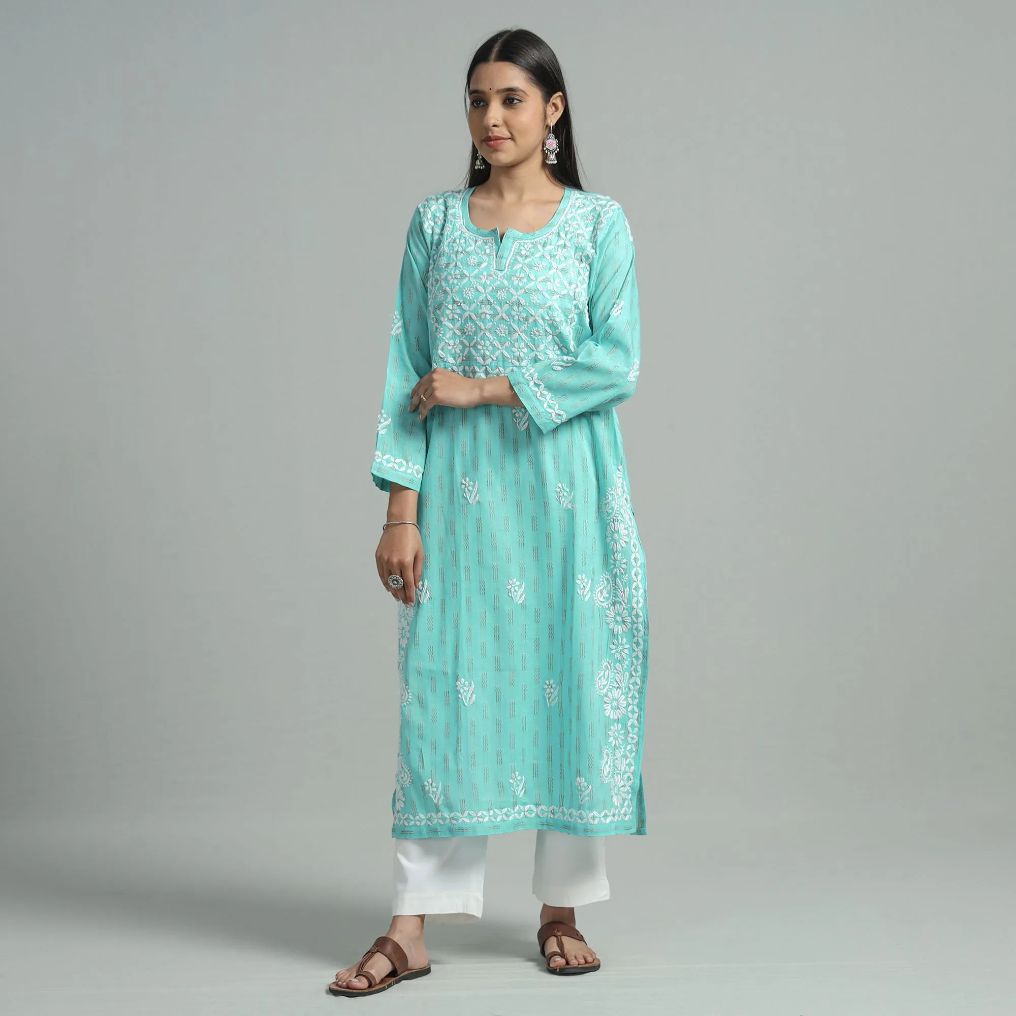 Blue - Turquoise Chikankari Hand Embroidered Cotton Long Kurta