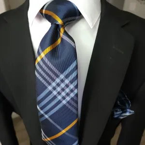 Blue White Plaid Silk Tie Pocket Square Cufflink Set