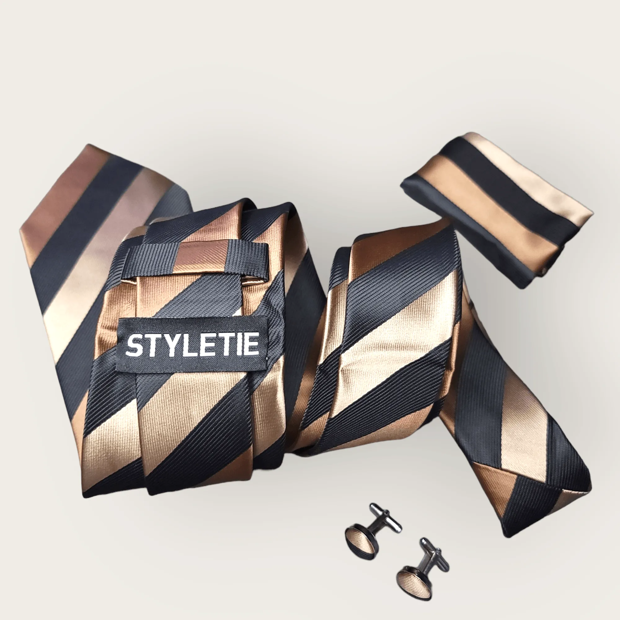 Brown Striped Black Silk Tie Pocket Square Cufflinks Set