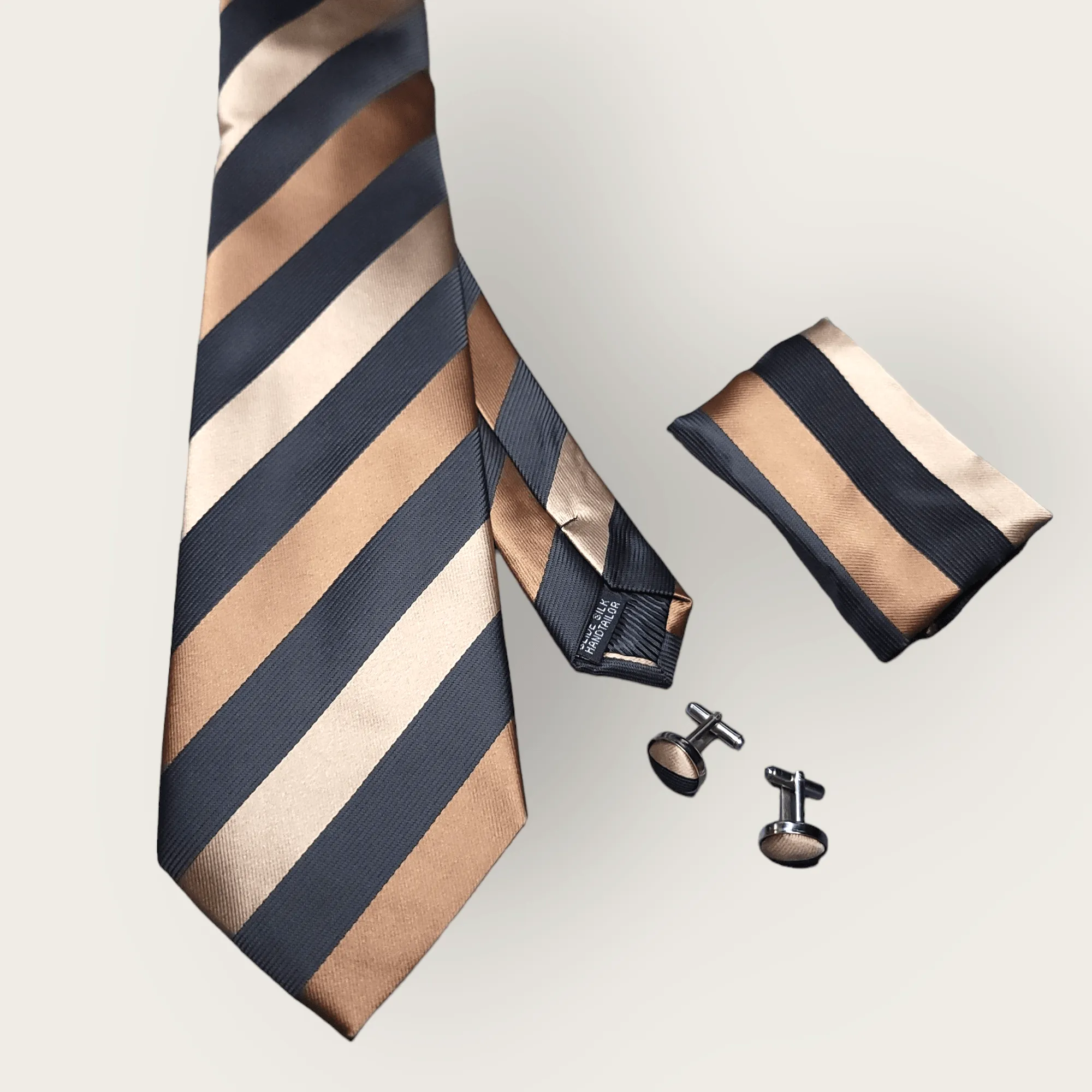 Brown Striped Black Silk Tie Pocket Square Cufflinks Set