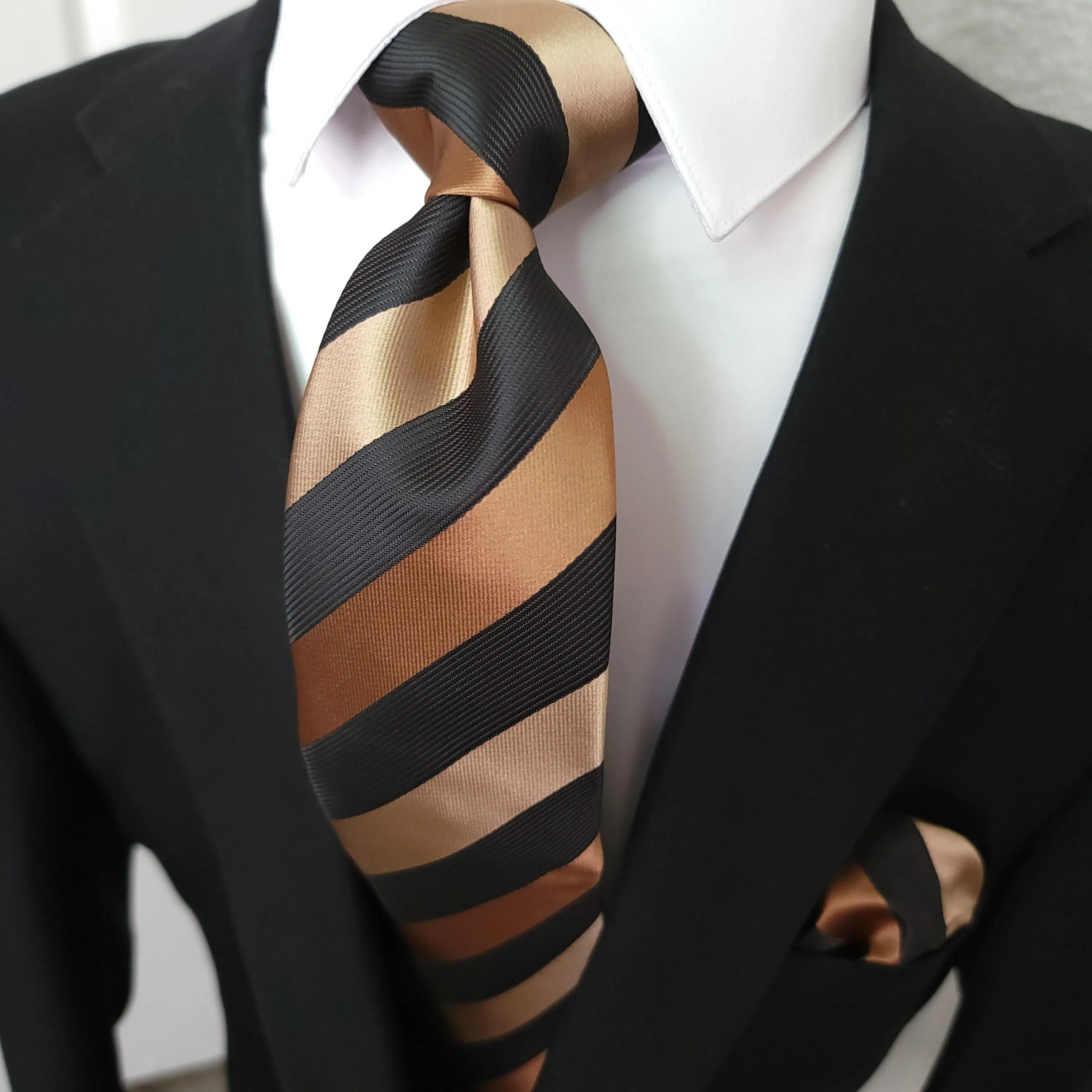 Brown Striped Black Silk Tie Pocket Square Cufflinks Set