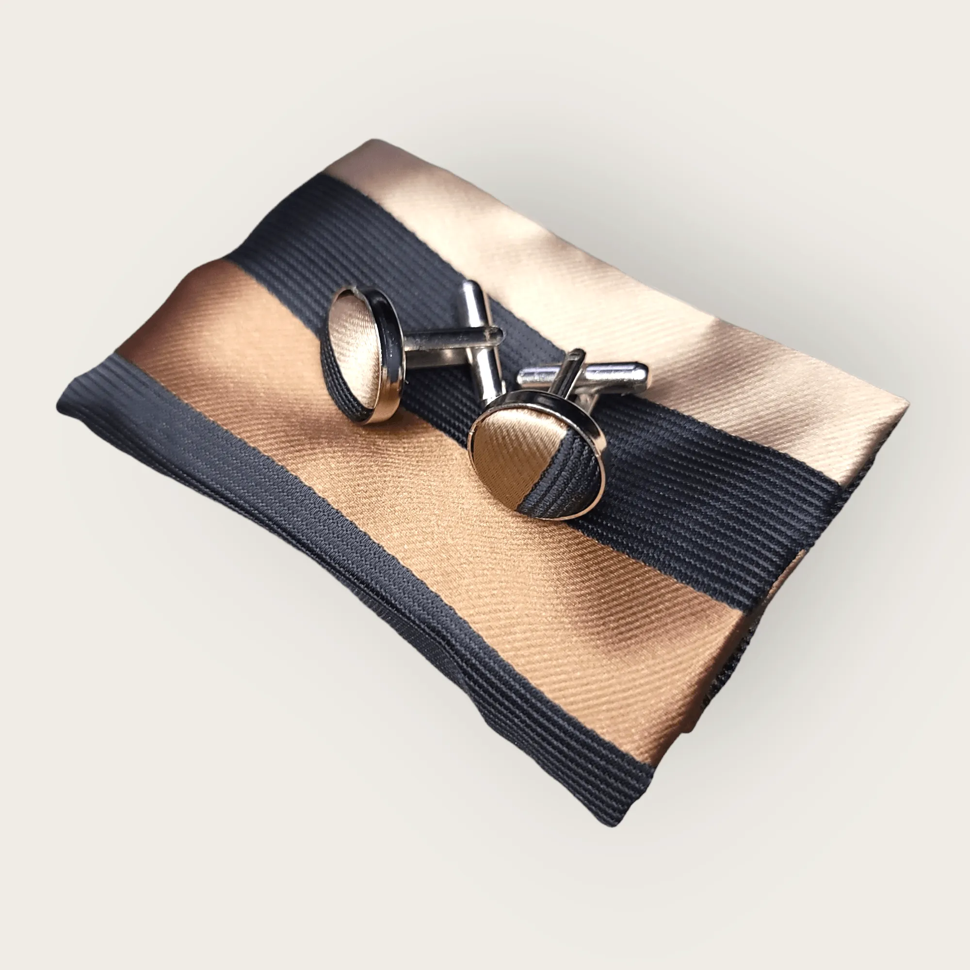 Brown Striped Black Silk Tie Pocket Square Cufflinks Set