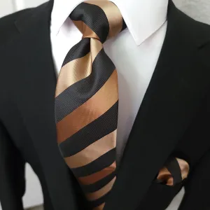 Brown Striped Black Silk Tie Pocket Square Cufflinks Set
