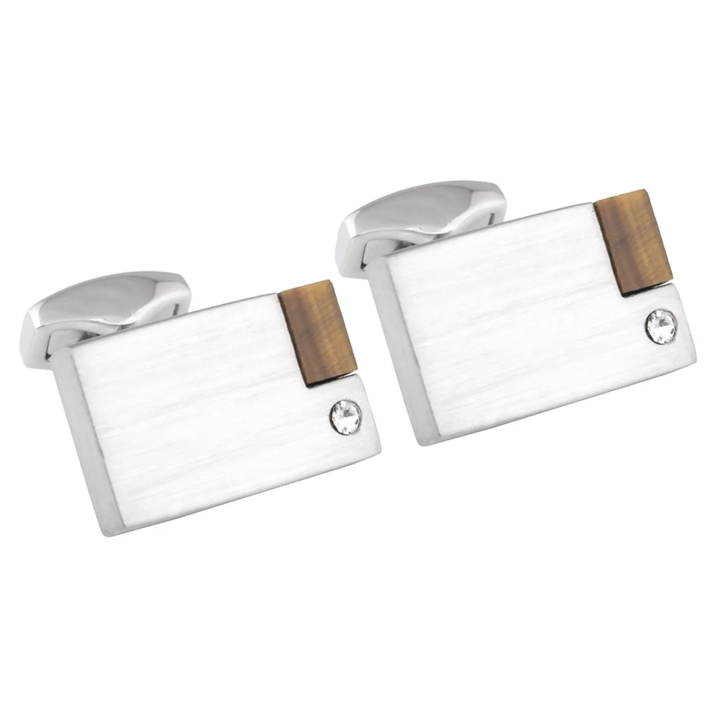 Brushed Rhodium Cufflinks with Crystal & Tiger Eye Stone