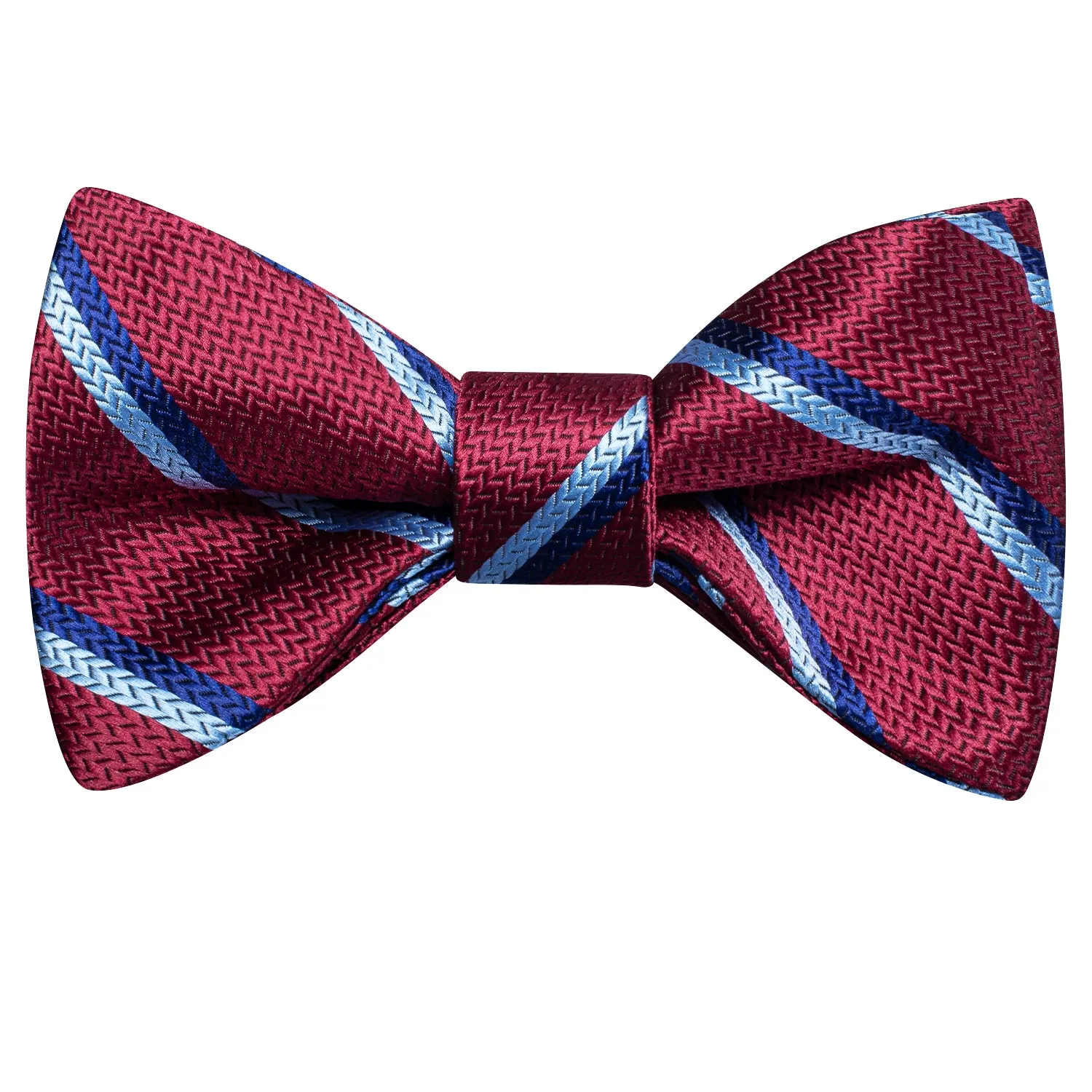 Burgundy Red Blue Striped Self-tied Bow Tie Pocket Square Cufflinks Set