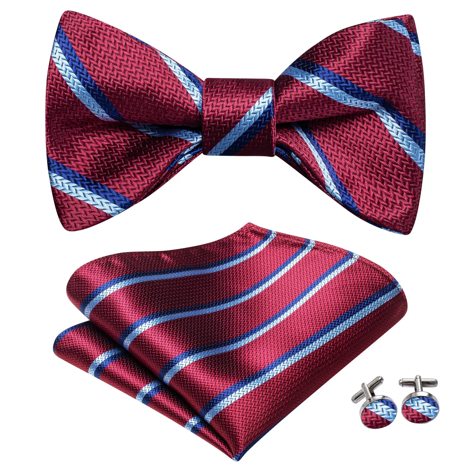 Burgundy Red Blue Striped Self-tied Bow Tie Pocket Square Cufflinks Set